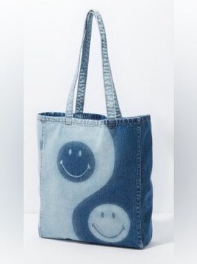 American Eagle Outfitters Denim Yin Yang Smiley Tote - Light Blue & Dark Blue